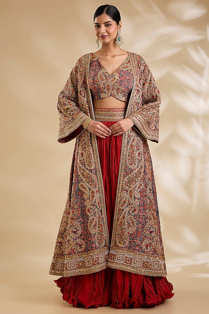 Red Silk Hand & Machine Embroidered Jacket Set by Debyani at Pernia's Pop Up Shop