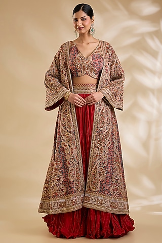 Red Silk Hand & Machine Embroidered Jacket Set by Debyani