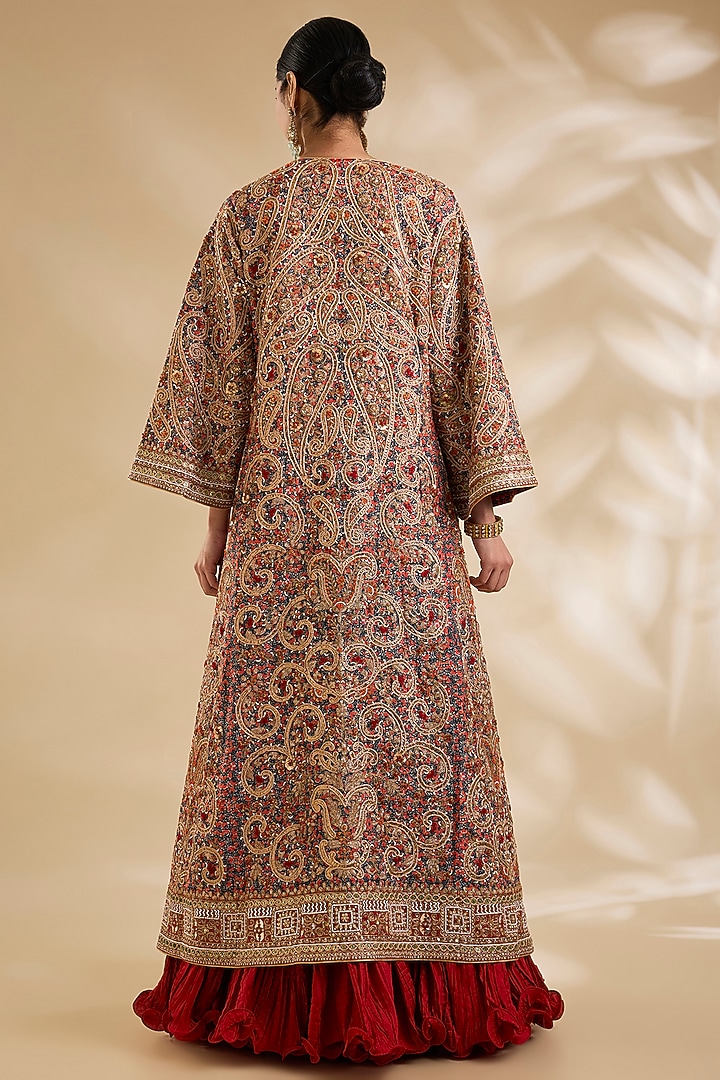 Red Silk Hand & Machine Embroidered Jacket Set by Debyani at Pernia's Pop Up Shop