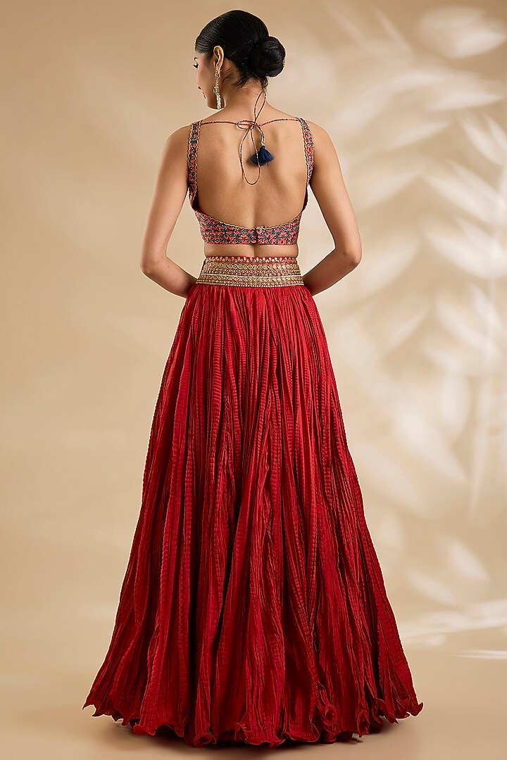 Red Silk Hand & Machine Embroidered Jacket Set by Debyani at Pernia's Pop Up Shop