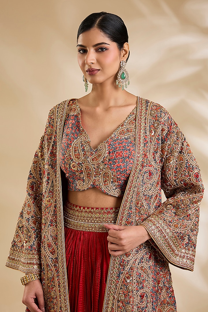 Red Silk Hand & Machine Embroidered Jacket Set by Debyani at Pernia's Pop Up Shop