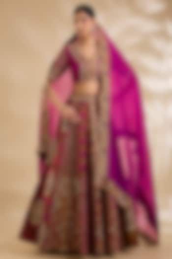 Rani Pink Chanderi Hand & Machine Embroidered Bridal Lehenga Set by Debyani at Pernia's Pop Up Shop