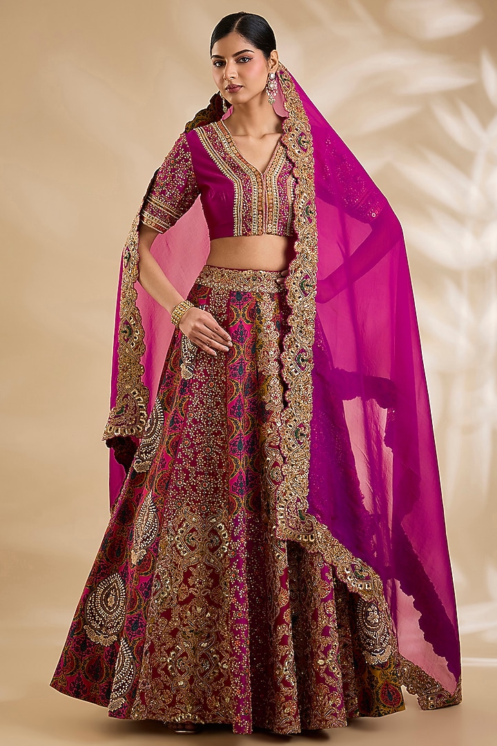 Rani Pink Chanderi Hand & Machine Embroidered Bridal Lehenga Set by Debyani at Pernia's Pop Up Shop