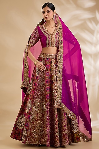 Rani Pink Chanderi Hand & Machine Embroidered Lehenga Set by Debyani