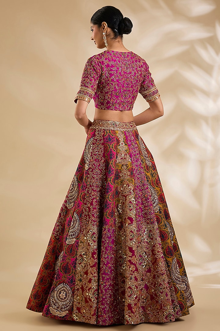 Rani Pink Chanderi Hand & Machine Embroidered Bridal Lehenga Set by Debyani at Pernia's Pop Up Shop
