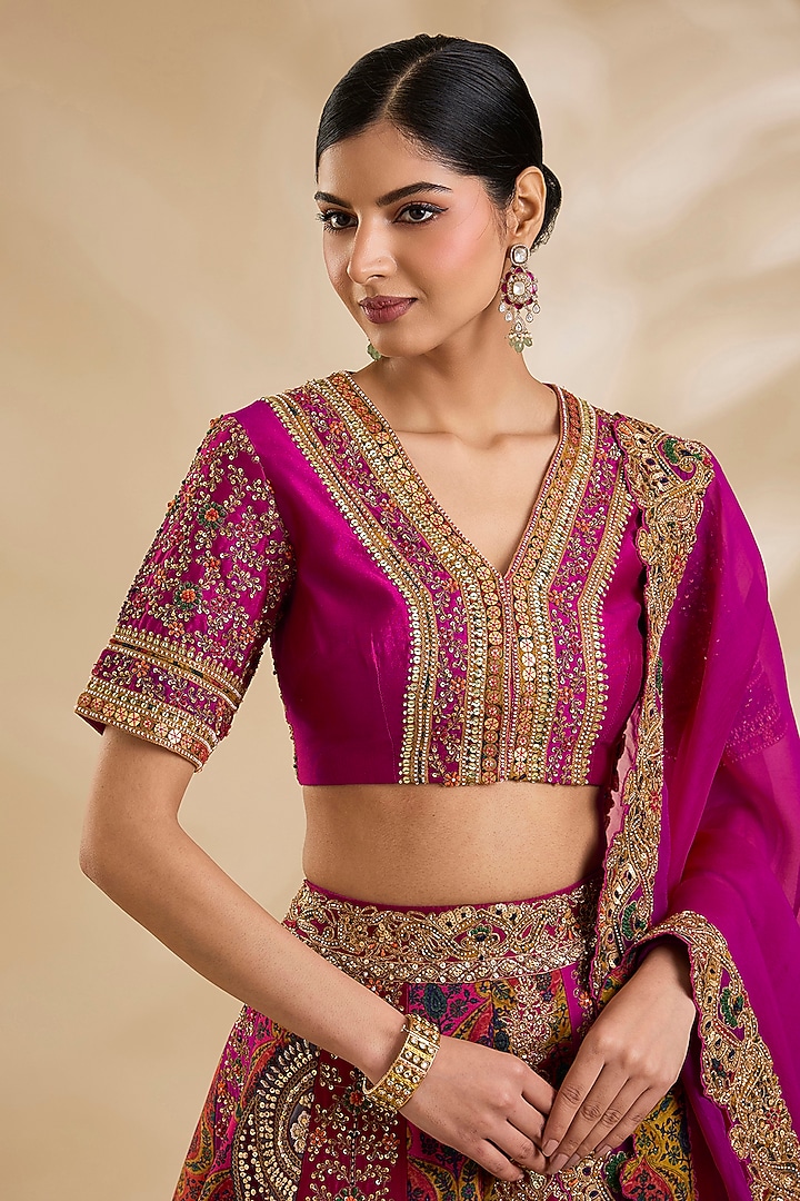 Rani Pink Chanderi Hand & Machine Embroidered Bridal Lehenga Set by Debyani at Pernia's Pop Up Shop