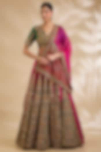 Green & Magenta Silk Hand Embroidered Bridal Lehenga Set by Debyani at Pernia's Pop Up Shop