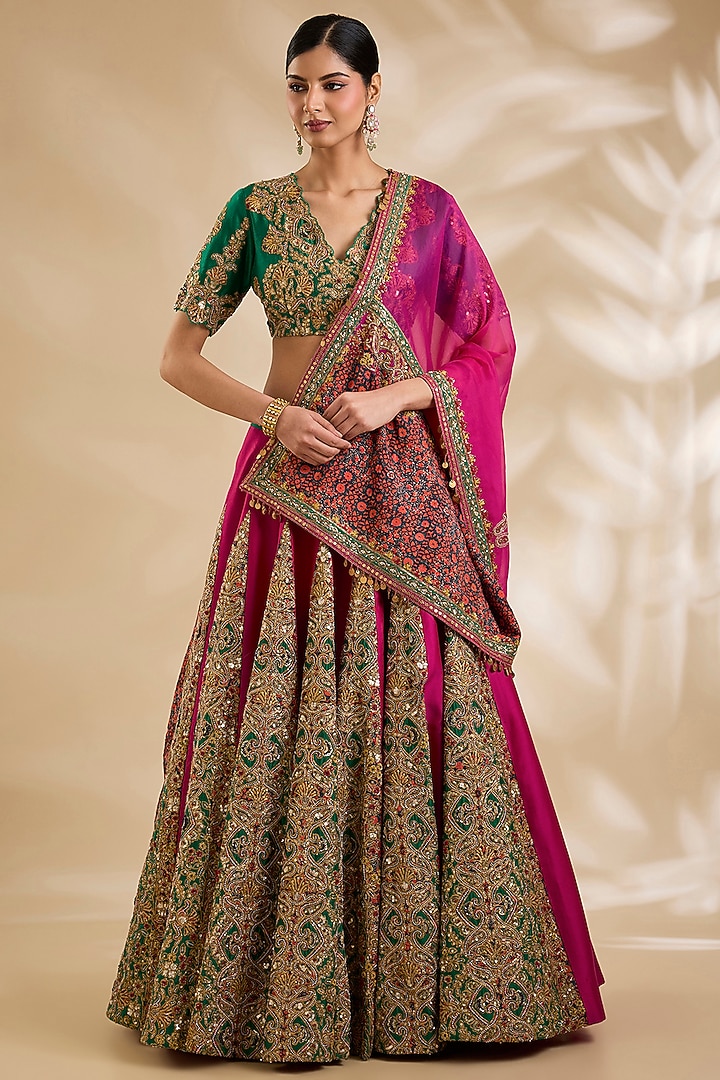 Green & Magenta Silk Hand Embroidered Bridal Lehenga Set by Debyani at Pernia's Pop Up Shop