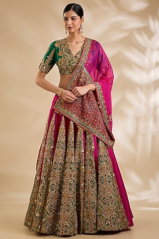 Green & Magenta Silk Hand Embroidered Lehenga Set by Debyani