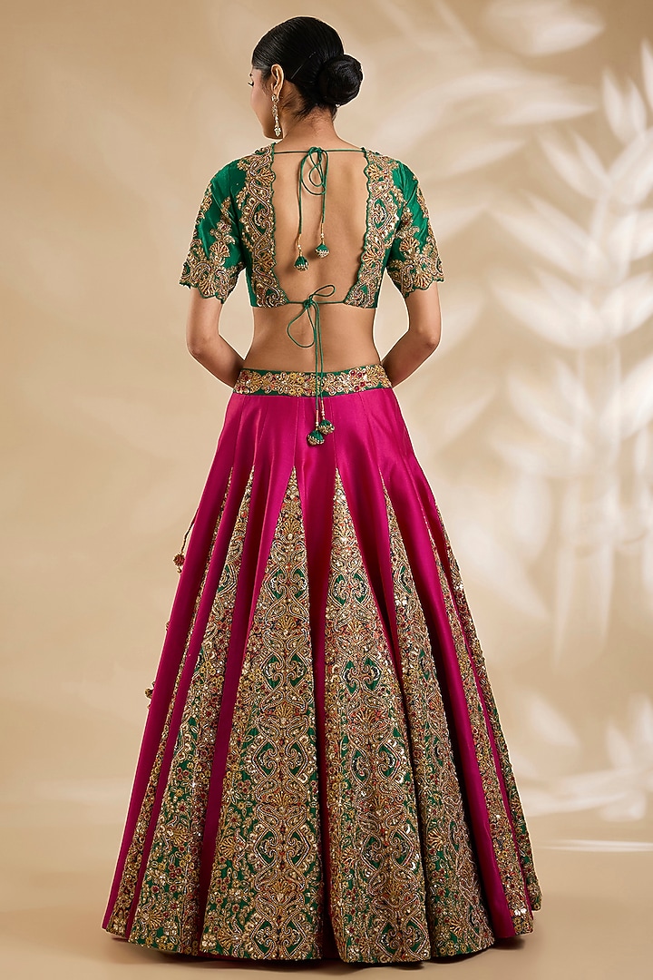 Green & Magenta Silk Hand Embroidered Bridal Lehenga Set by Debyani at Pernia's Pop Up Shop