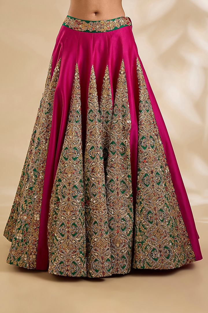 Green & Magenta Silk Hand Embroidered Bridal Lehenga Set by Debyani at Pernia's Pop Up Shop