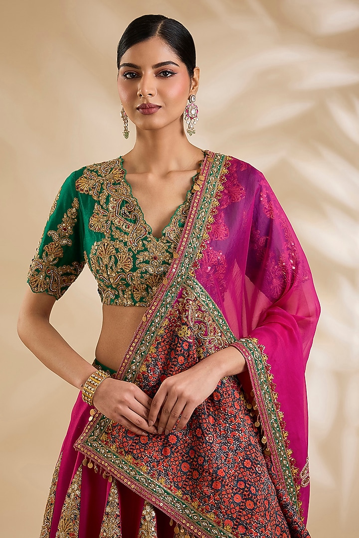 Green & Magenta Silk Hand Embroidered Bridal Lehenga Set by Debyani at Pernia's Pop Up Shop