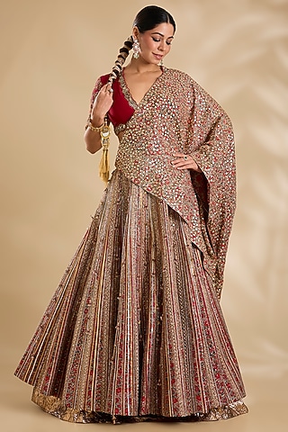 Red Silk Floral Printed Lehenga Set by Debyani