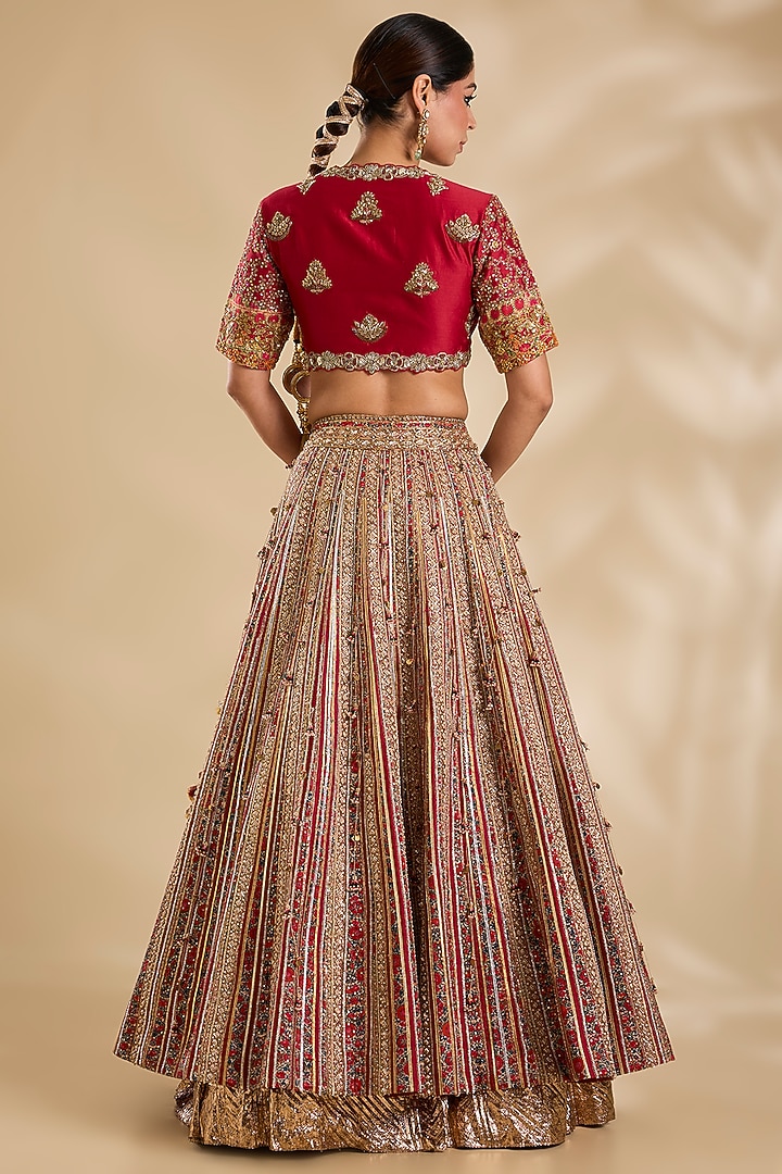 Red Silk Floral Printed Bridal Lehenga Set by Debyani at Pernia's Pop Up Shop
