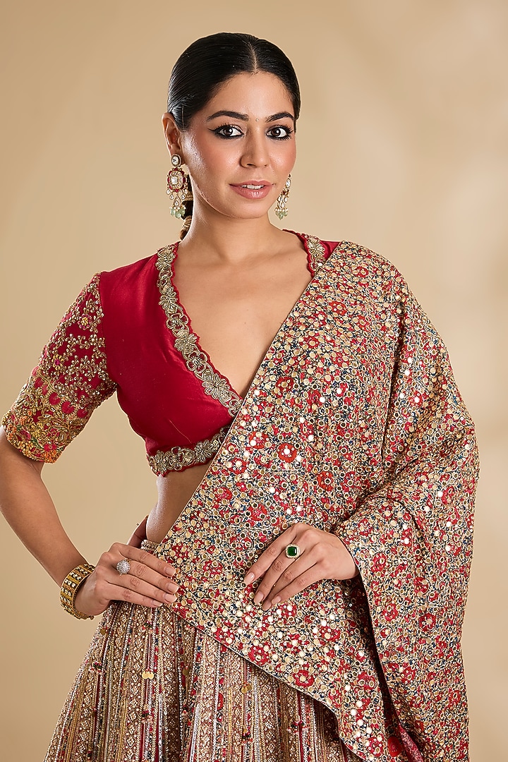 Red Silk Floral Printed Bridal Lehenga Set by Debyani at Pernia's Pop Up Shop