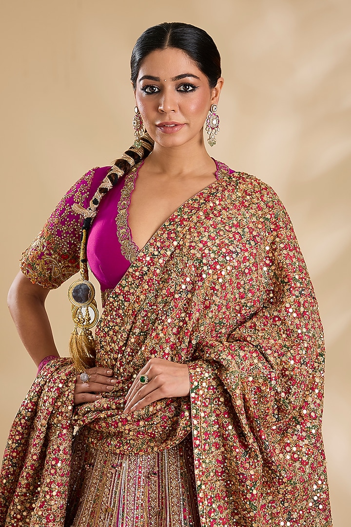 Magenta Silk Floral Printed Bridal Lehenga Set by Debyani at Pernia's Pop Up Shop