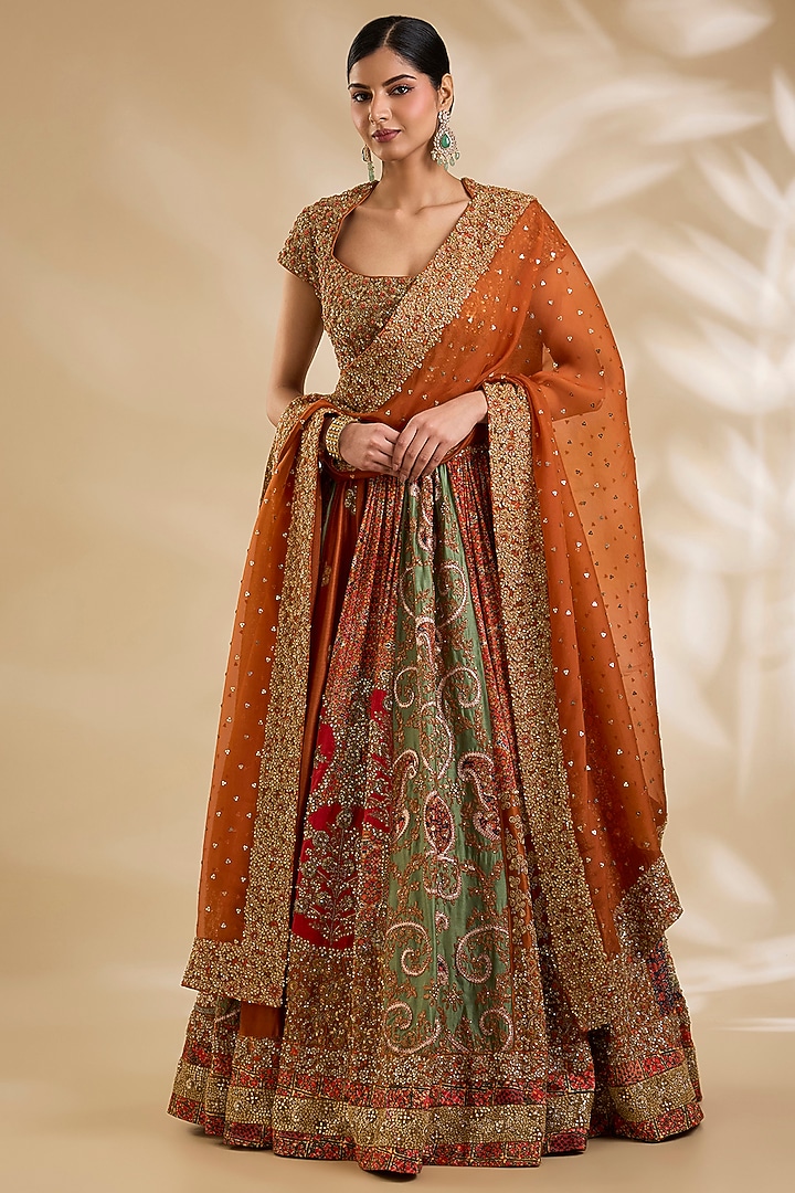 Multi-Colored Silk Hand & Machine Embroidered Bridal Lehenga Set by Debyani at Pernia's Pop Up Shop