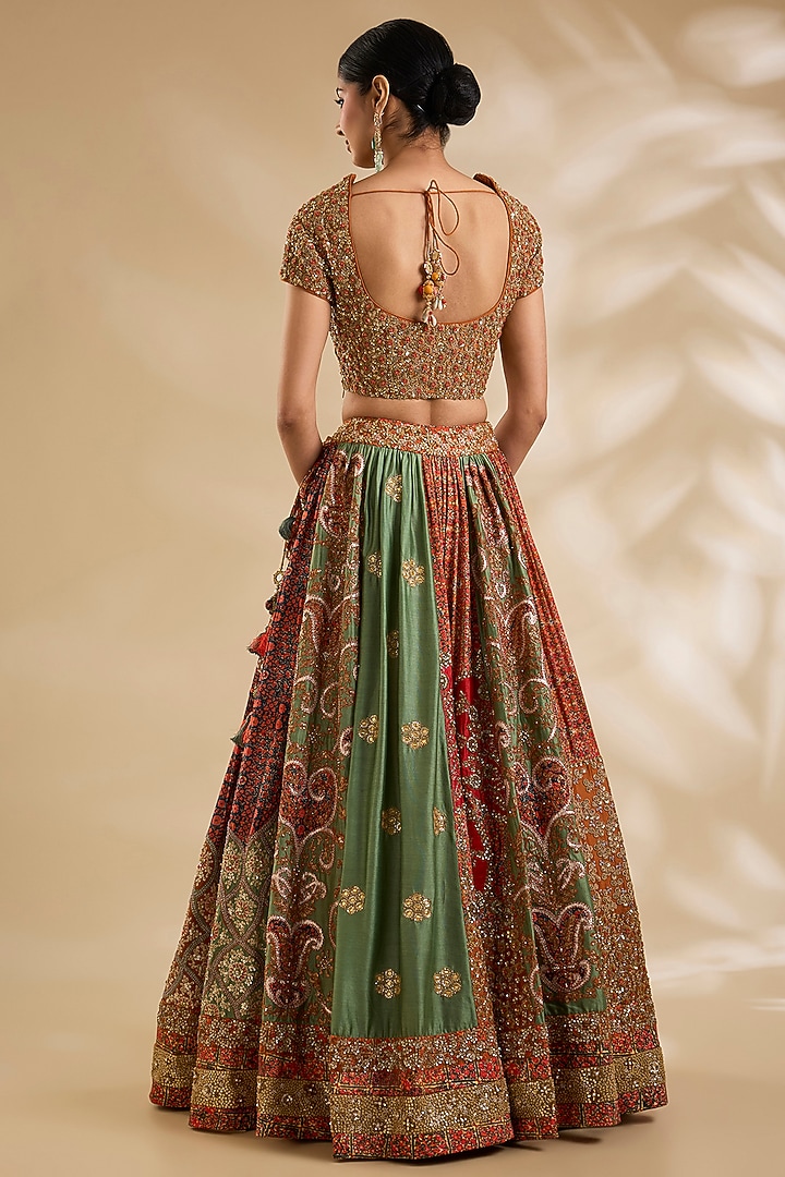 Multi-Colored Silk Hand & Machine Embroidered Bridal Lehenga Set by Debyani at Pernia's Pop Up Shop