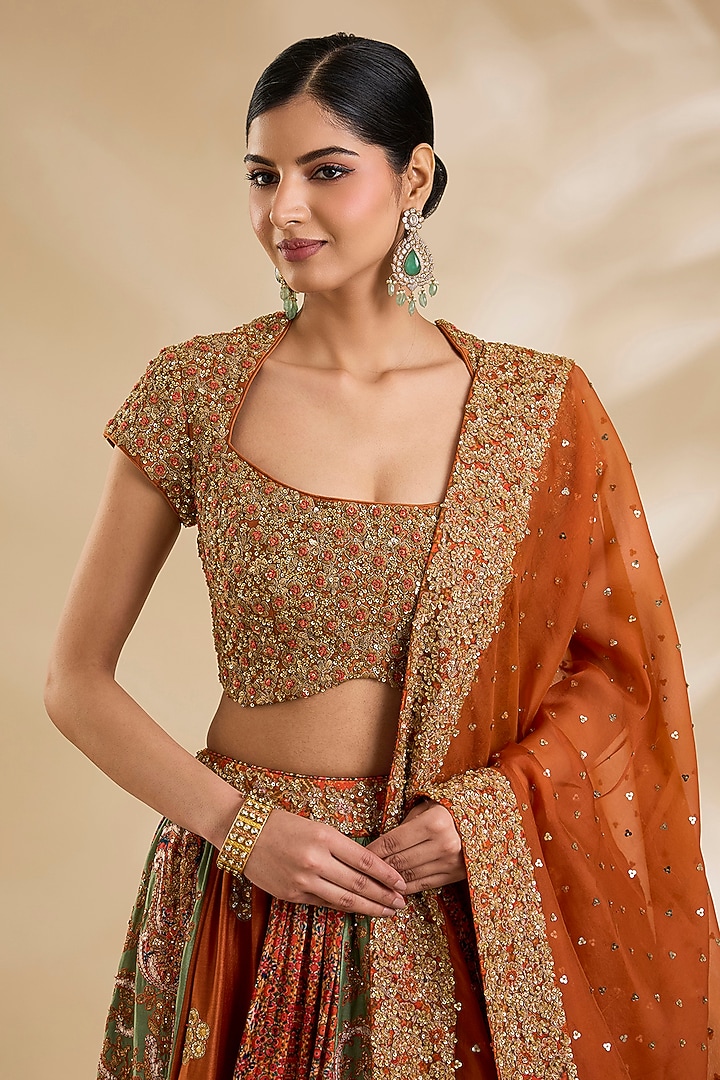 Multi-Colored Silk Hand & Machine Embroidered Bridal Lehenga Set by Debyani at Pernia's Pop Up Shop