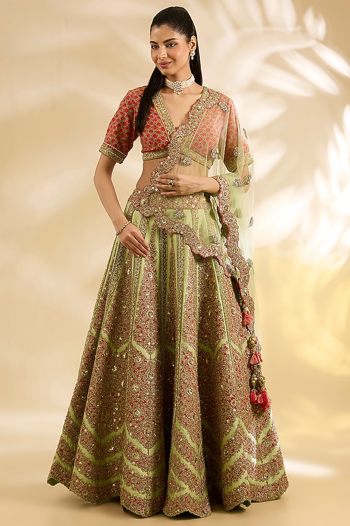 Pista Green Silk Floral Printed & Embroidered Bridal Lehenga Set by Debyani at Pernia's Pop Up Shop