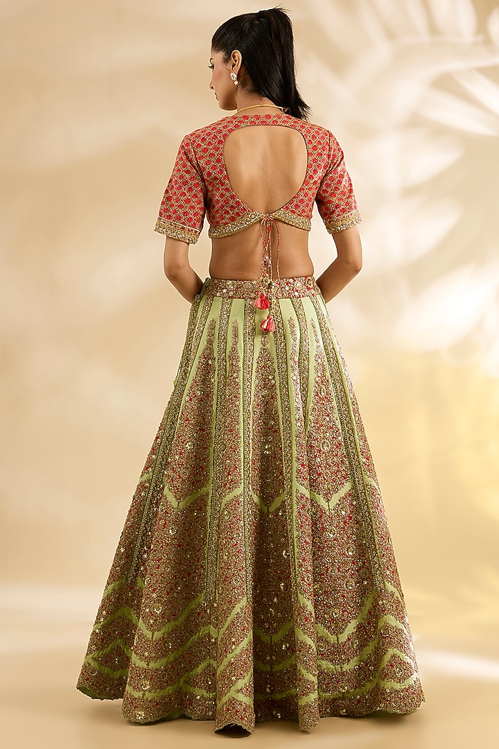 Pista Green Silk Floral Printed & Embroidered Bridal Lehenga Set by Debyani at Pernia's Pop Up Shop