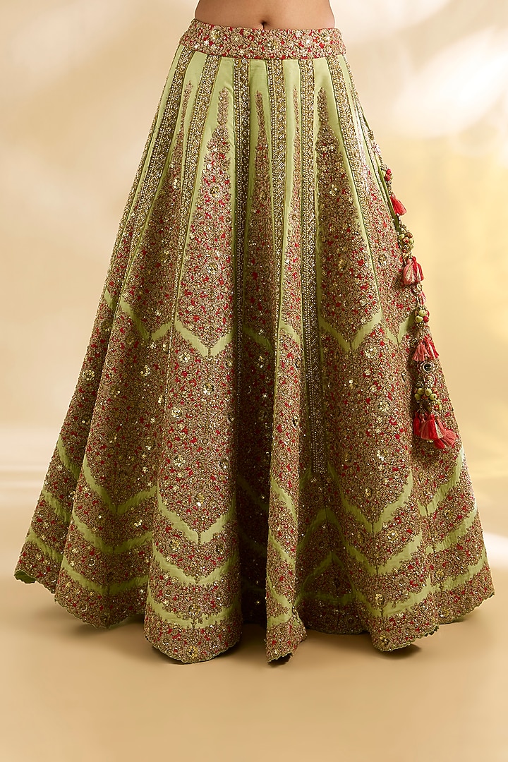 Pista Green Silk Floral Printed & Embroidered Bridal Lehenga Set by Debyani at Pernia's Pop Up Shop