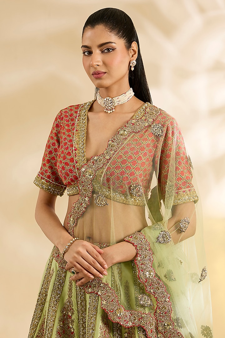 Pista Green Silk Floral Printed & Embroidered Bridal Lehenga Set by Debyani at Pernia's Pop Up Shop