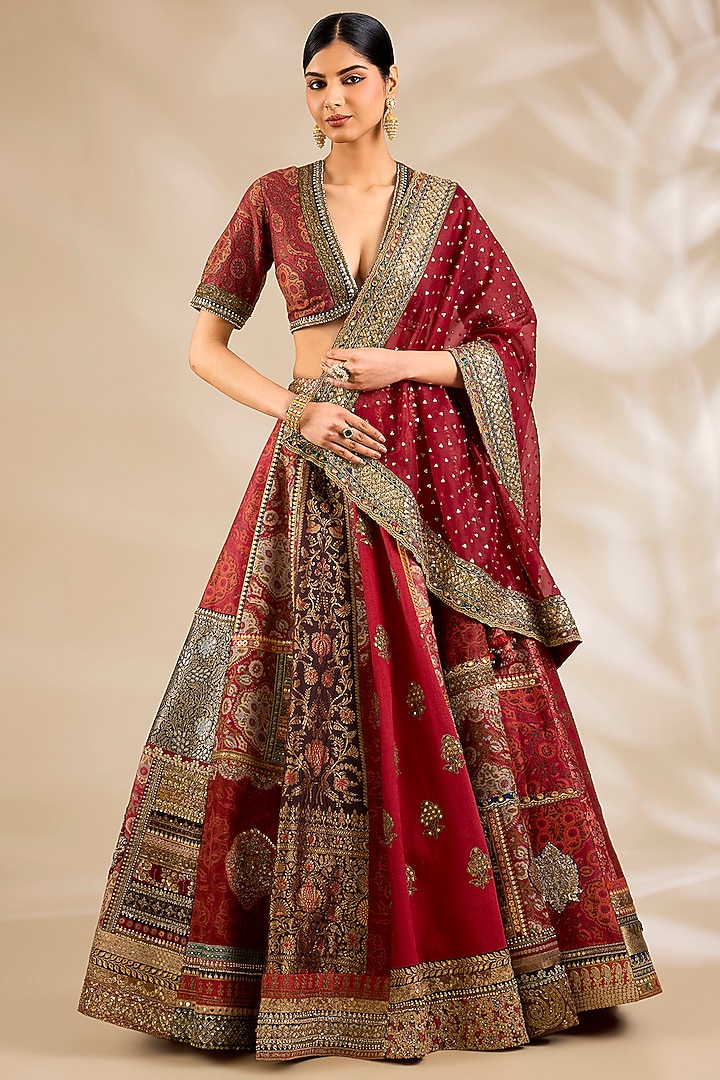 Maroon Chanderi Embroidered & Printed Bridal Lehenga Set by Debyani at Pernia's Pop Up Shop