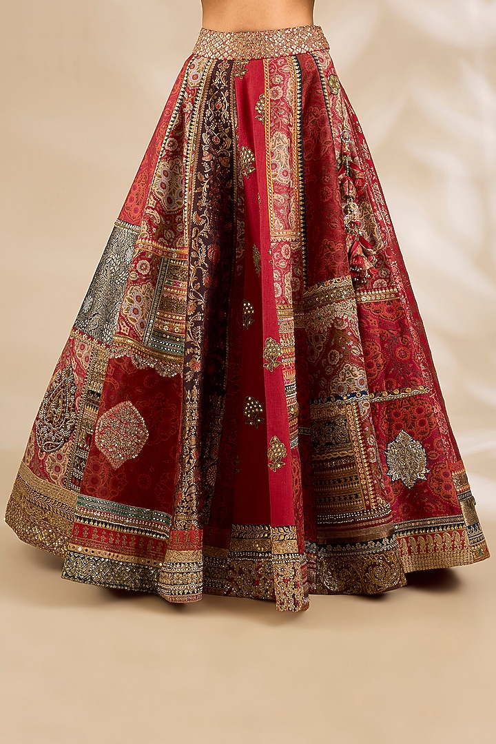 Maroon Chanderi Embroidered & Printed Bridal Lehenga Set by Debyani at Pernia's Pop Up Shop