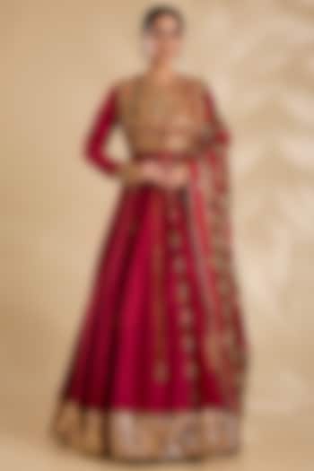 Maroon Silk Hand & Machine Embroidered Bridal Anarkali Set by Debyani at Pernia's Pop Up Shop