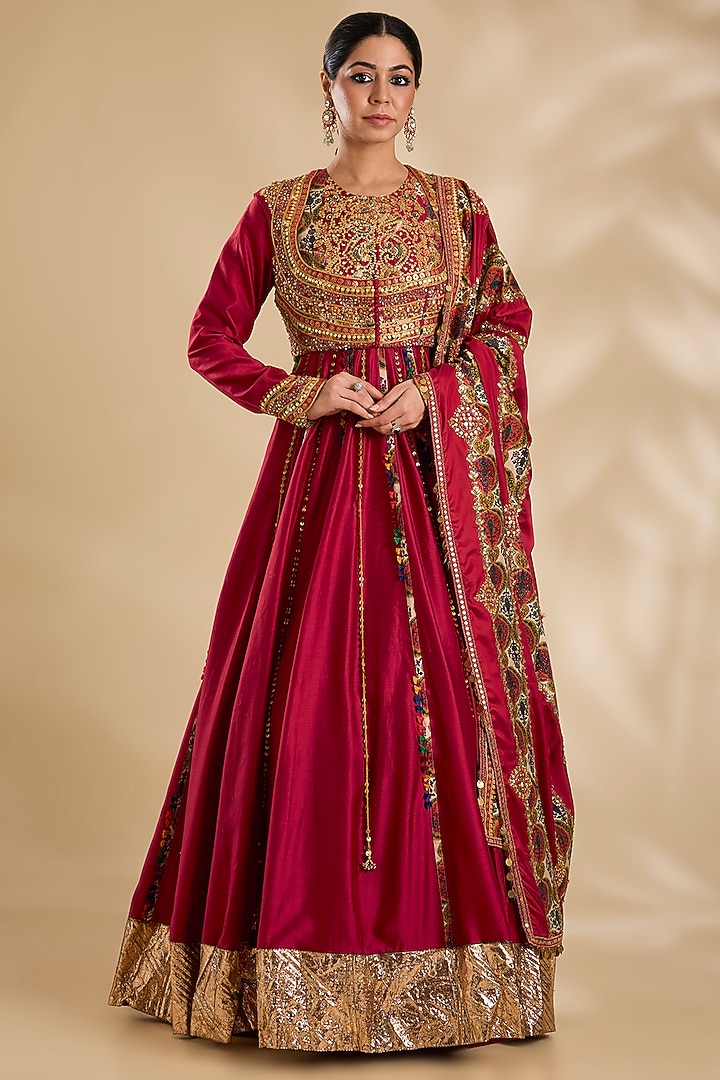Maroon Silk Hand & Machine Embroidered Bridal Anarkali Set by Debyani at Pernia's Pop Up Shop