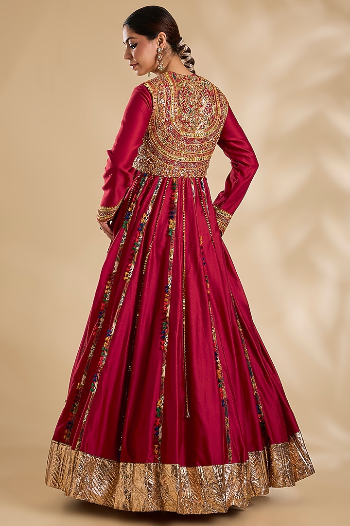 Maroon Silk Hand & Machine Embroidered Bridal Anarkali Set by Debyani at Pernia's Pop Up Shop