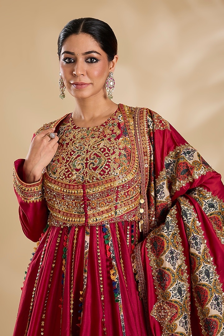 Maroon Silk Hand & Machine Embroidered Bridal Anarkali Set by Debyani at Pernia's Pop Up Shop