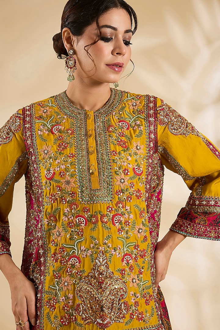 Mustard Silk Hand & Machine Embroidered Kurta Set by Debyani at Pernia's Pop Up Shop