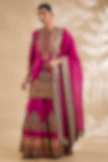 Magenta Silk Hand & Machine Embroidered Bridal Sharara Set by Debyani at Pernia's Pop Up Shop