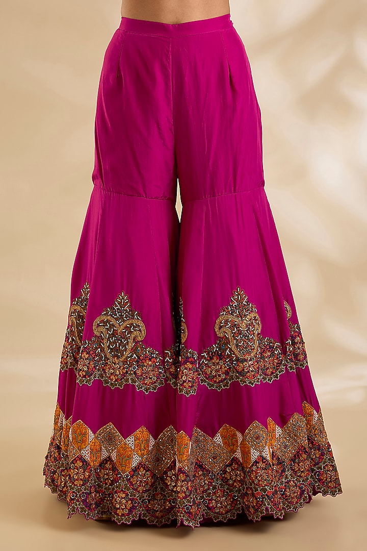 Magenta Silk Hand & Machine Embroidered Bridal Sharara Set by Debyani at Pernia's Pop Up Shop