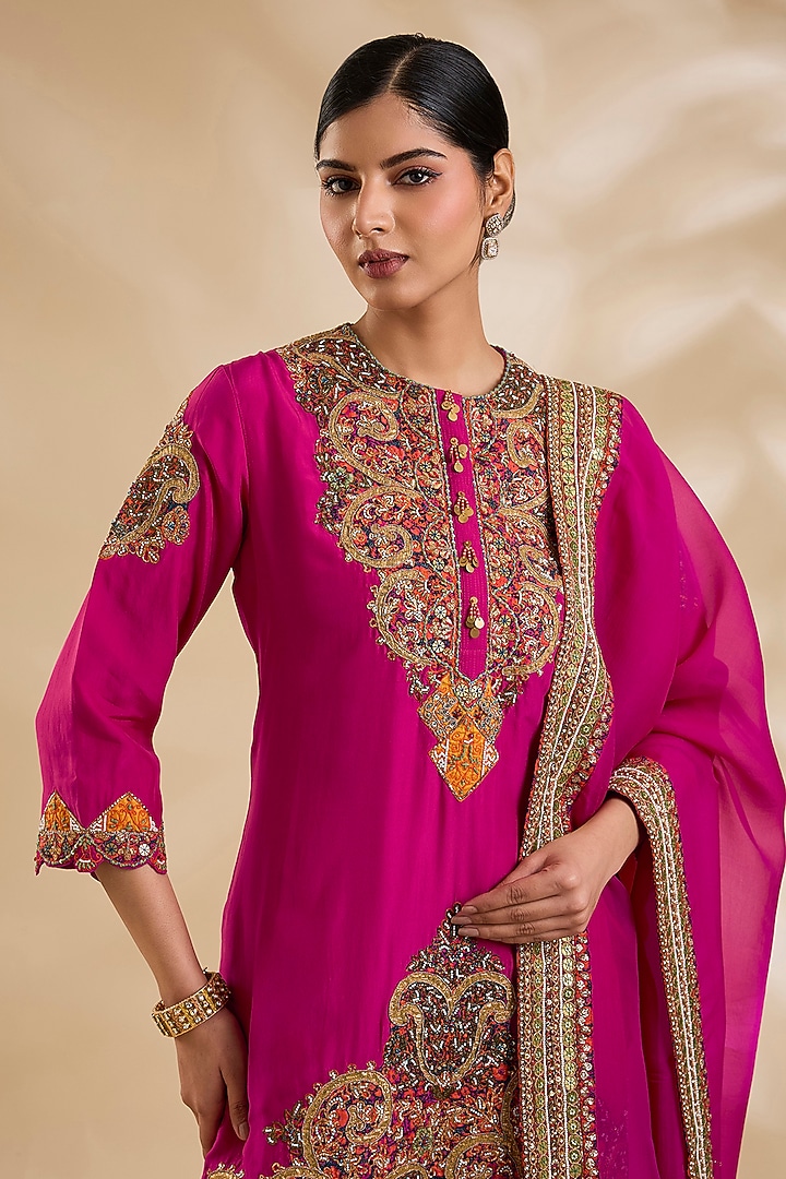 Magenta Silk Hand & Machine Embroidered Bridal Sharara Set by Debyani at Pernia's Pop Up Shop