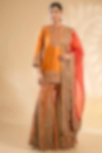 Orange Silk Hand & Machine Embroidered Bridal Sharara Set by Debyani at Pernia's Pop Up Shop