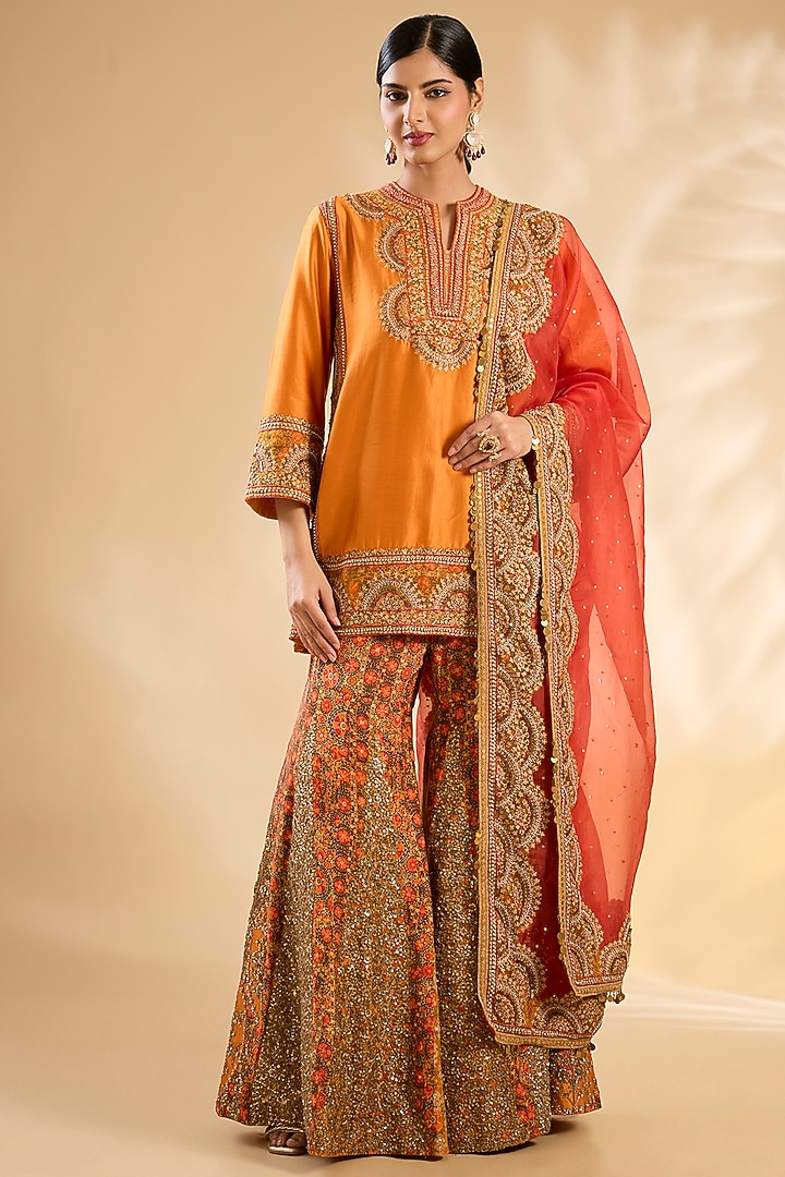 Orange Silk Hand & Machine Embroidered Bridal Sharara Set by Debyani at Pernia's Pop Up Shop
