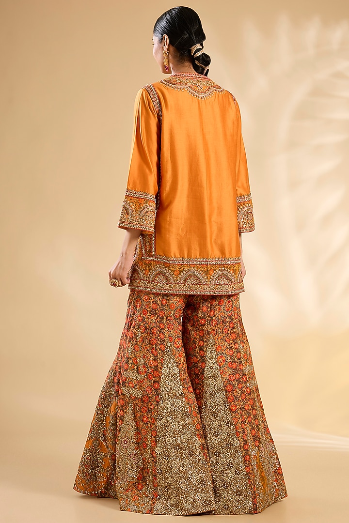 Orange Silk Hand & Machine Embroidered Bridal Sharara Set by Debyani at Pernia's Pop Up Shop