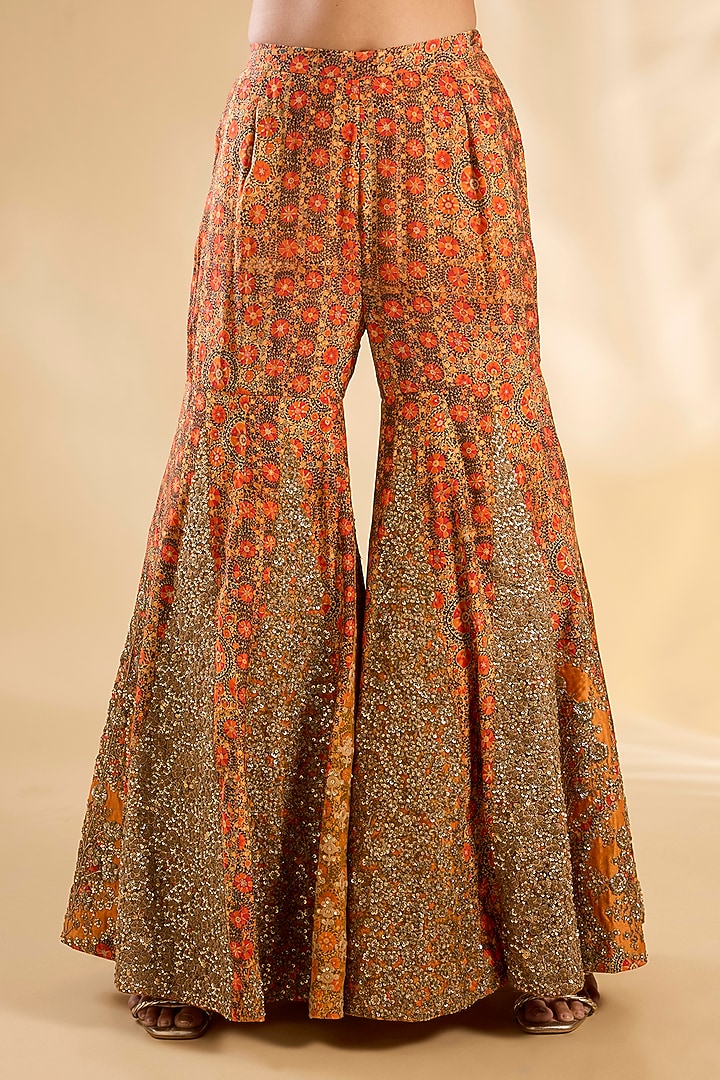 Orange Silk Hand & Machine Embroidered Bridal Sharara Set by Debyani at Pernia's Pop Up Shop