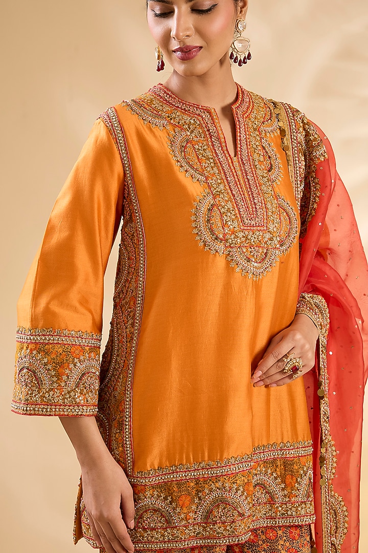 Orange Silk Hand & Machine Embroidered Bridal Sharara Set by Debyani at Pernia's Pop Up Shop