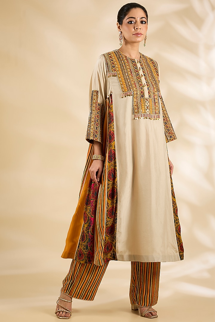 Ivory Silk Embroidered & Printed Kurta Set by Debyani at Pernia's Pop Up Shop