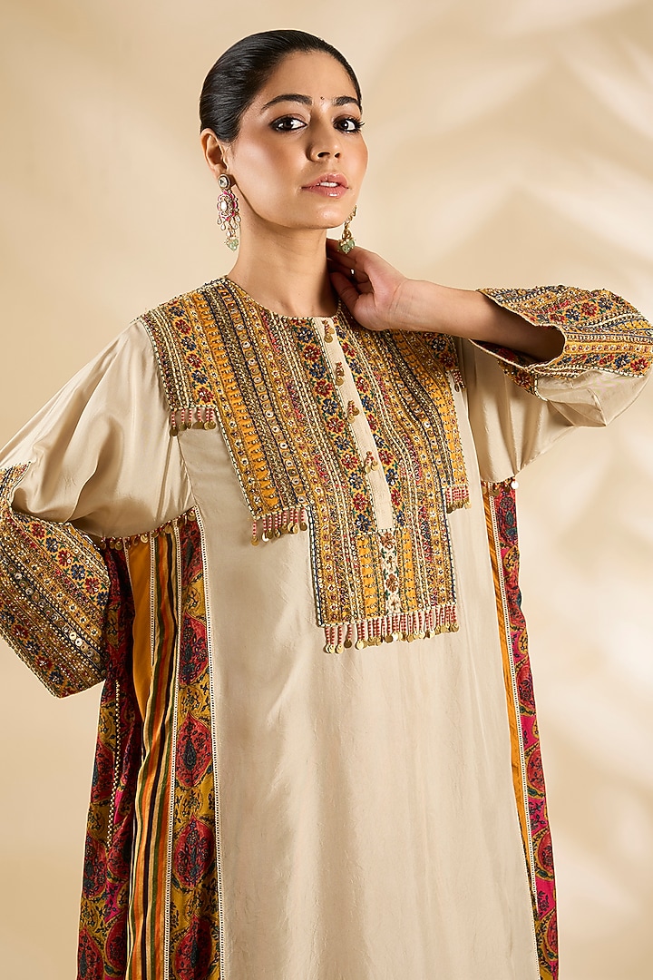 Ivory Silk Embroidered & Printed Kurta Set by Debyani at Pernia's Pop Up Shop