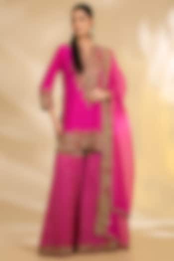 Pink Silk Embroidered Bridal Sharara Set by Debyani at Pernia's Pop Up Shop