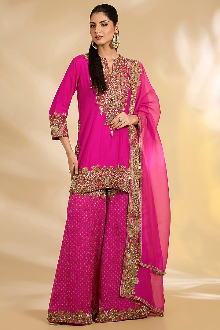 Pink Silk Embroidered Bridal Sharara Set by Debyani at Pernia's Pop Up Shop