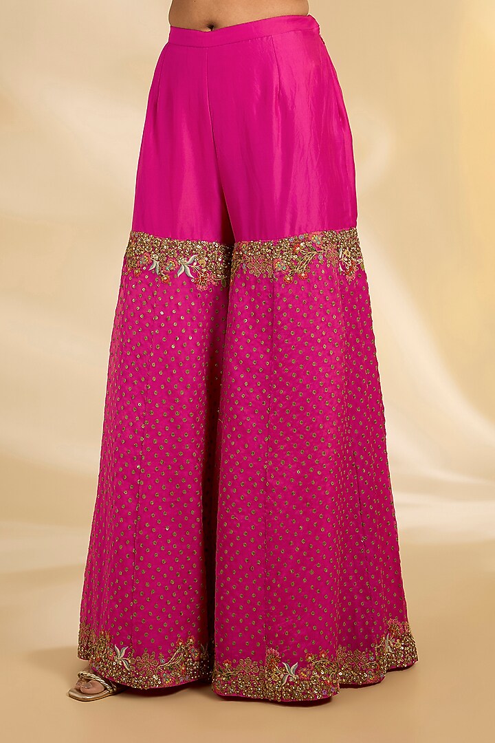 Pink Silk Embroidered Bridal Sharara Set by Debyani at Pernia's Pop Up Shop
