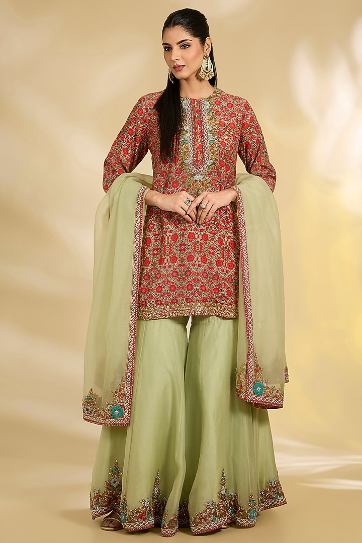 Pista Green Silk Embroidered Bridal Sharara Set by Debyani at Pernia's Pop Up Shop