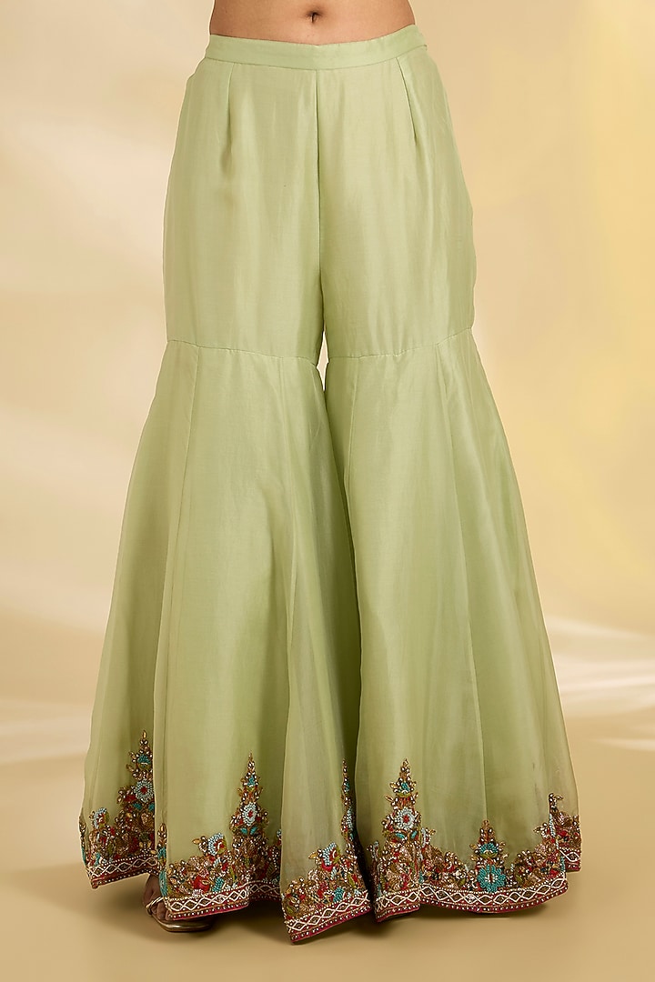 Pista Green Silk Embroidered Bridal Sharara Set by Debyani at Pernia's Pop Up Shop