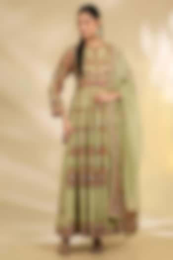 Pista Green Silk Hand & Machine Embroidered Bridal Anarkali Set by Debyani at Pernia's Pop Up Shop
